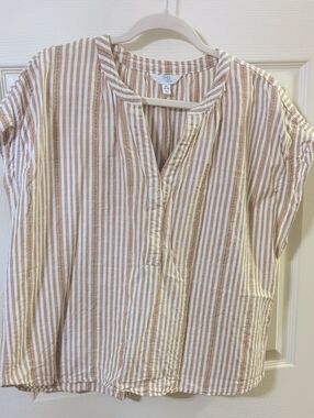 Time and Tru Beige and White Striped V-Neck Top